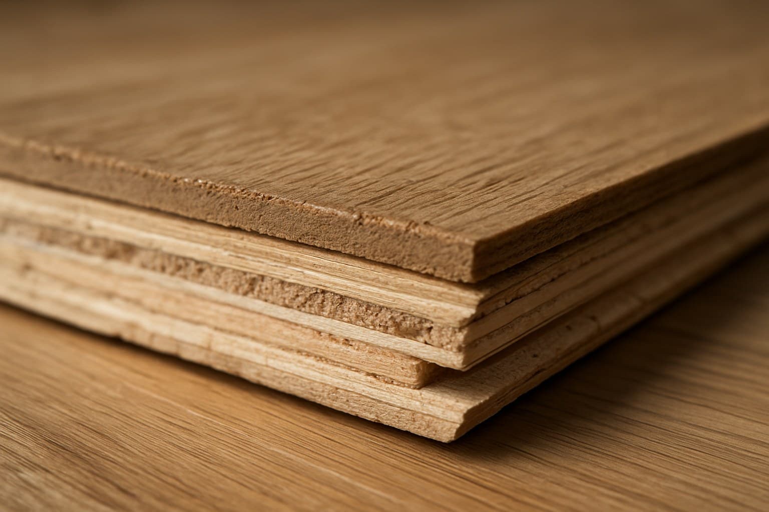 Cross-section of a plank showing the wear layer above the plywood core