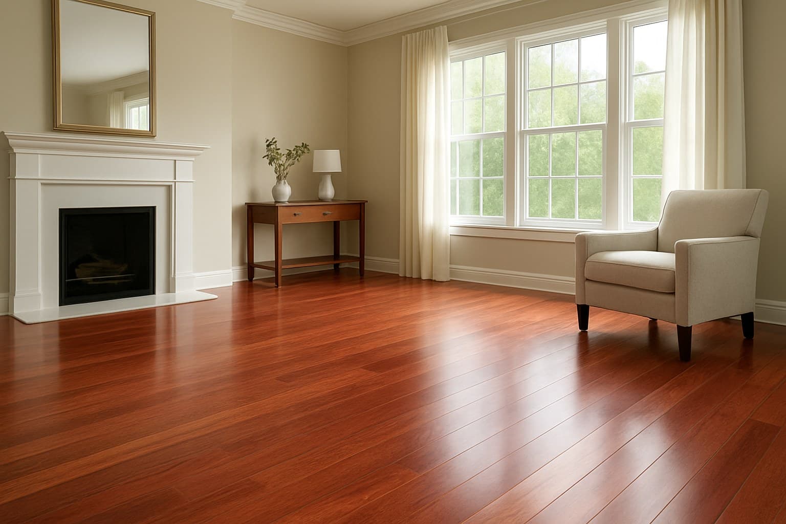 Elegant room with rich hardwood flooring showcasing finished results