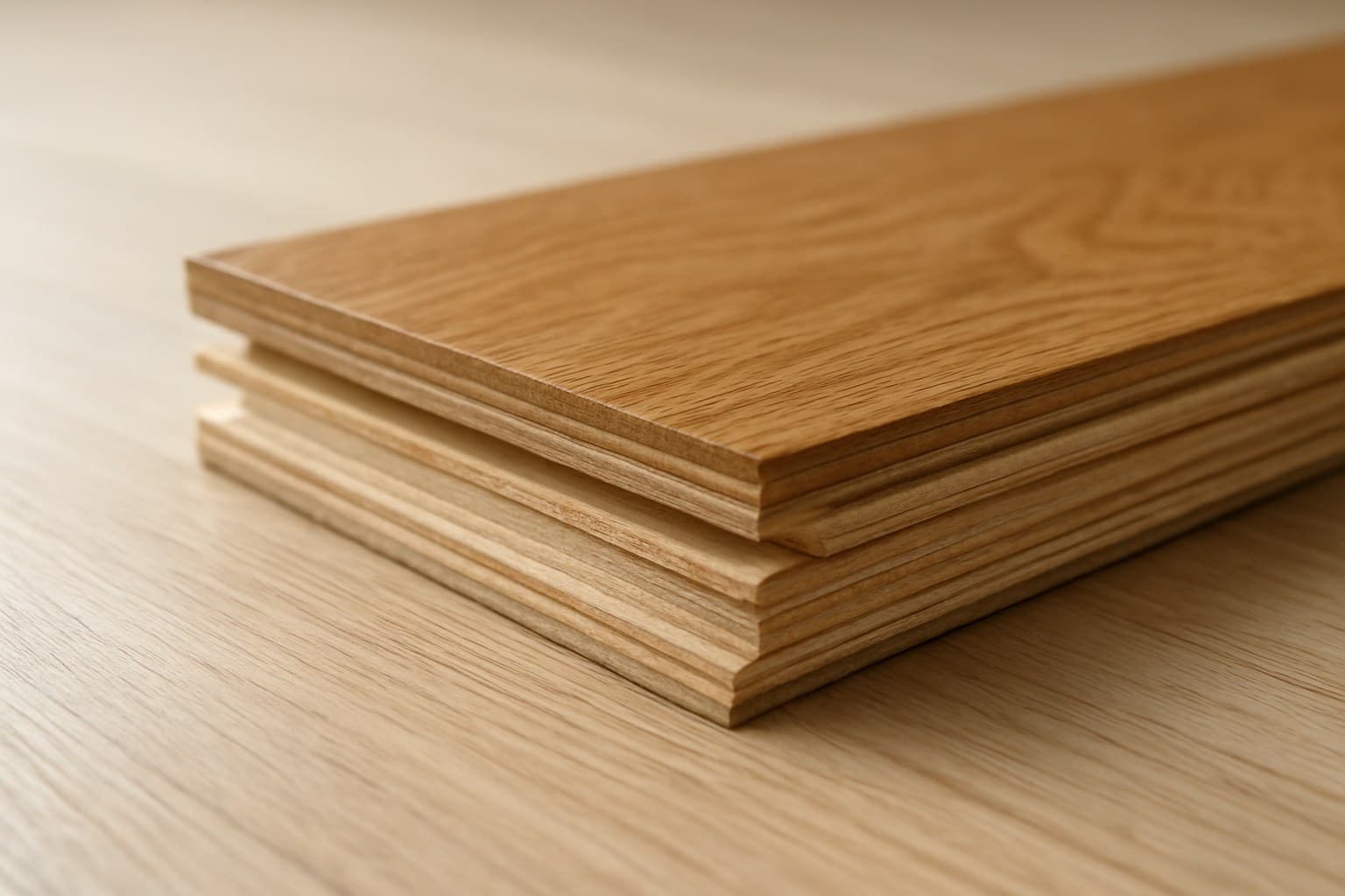 Cross section of engineered hardwood showing layered plywood core and wood veneer top