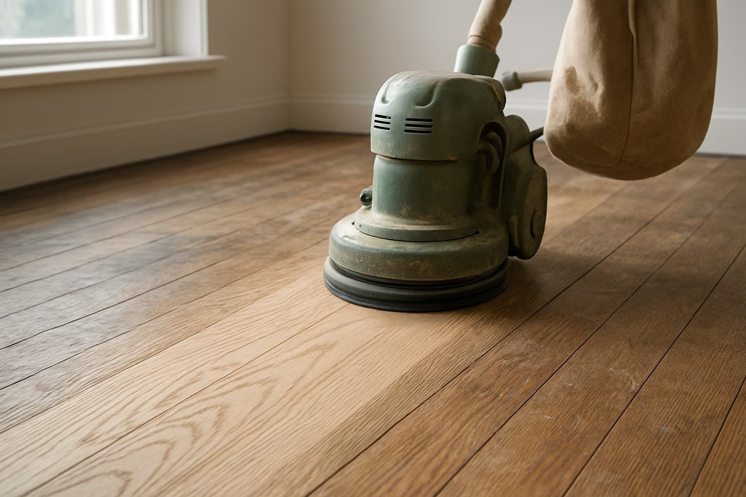 A sanding machine refinishing a worn hardwood floor surface