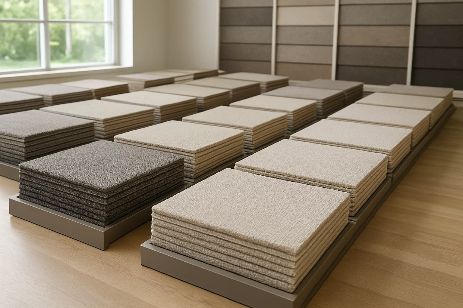 Rows of carpet samples in a showroom for quality comparison
