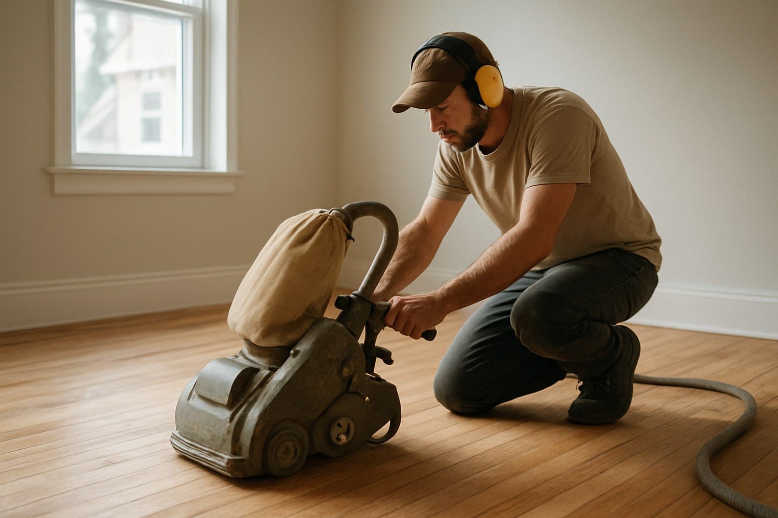Worker sanding a hardwood floor during a refinishing project