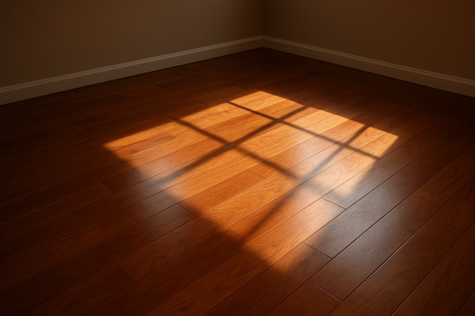 Sunlight streaming across a wood floor through a window