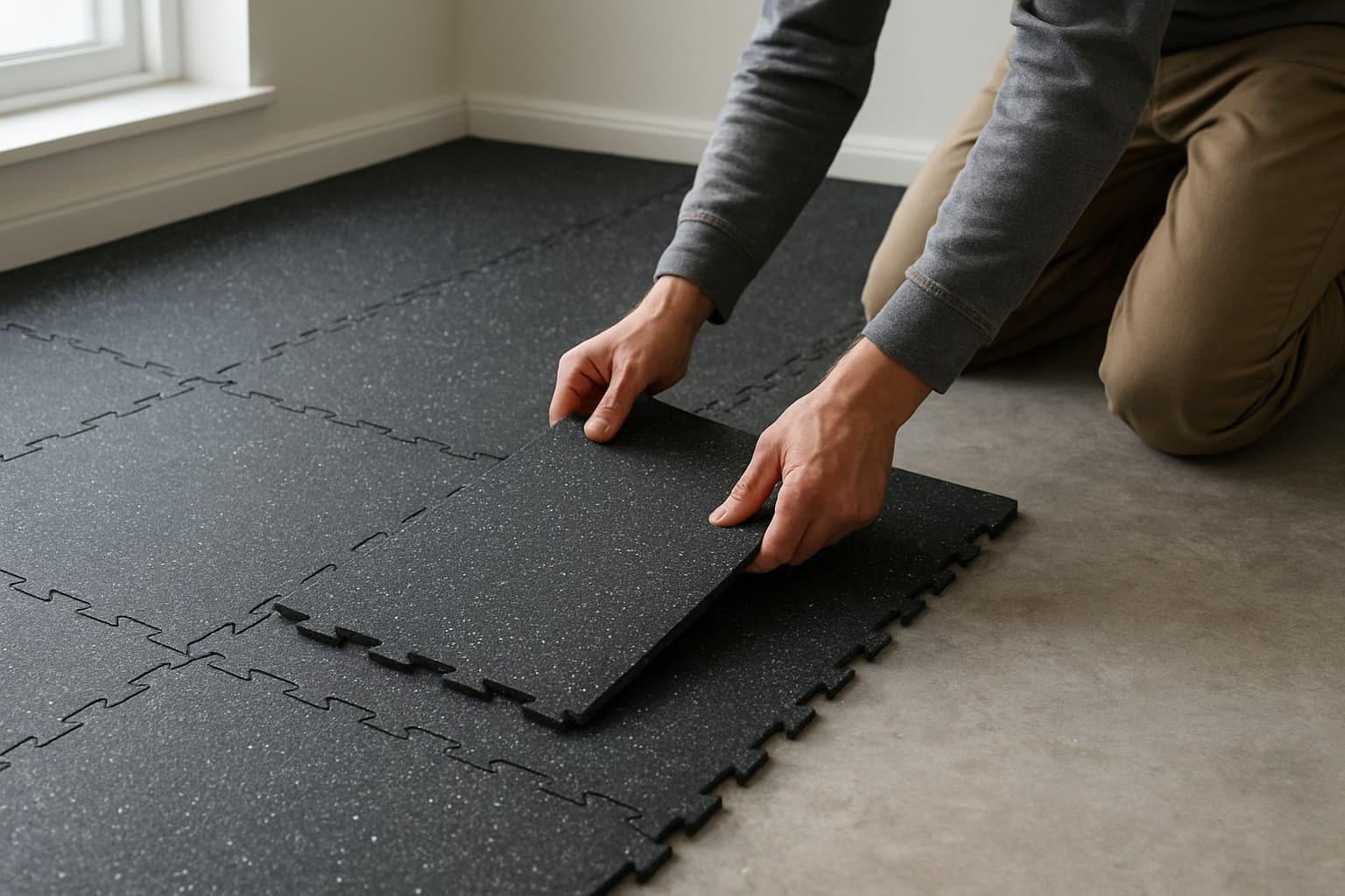 Worker installing rubber flooring tiles on a concrete subfloor