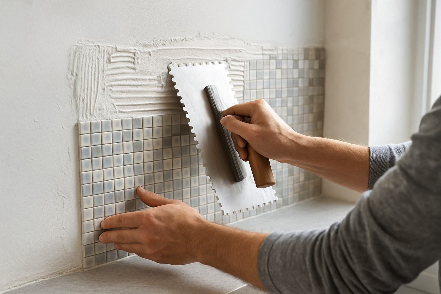 Person spreading thinset to install mosaic tile sheets