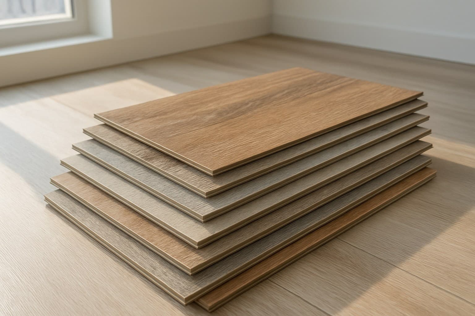 Stack of vinyl plank flooring samples showing wood-look texture