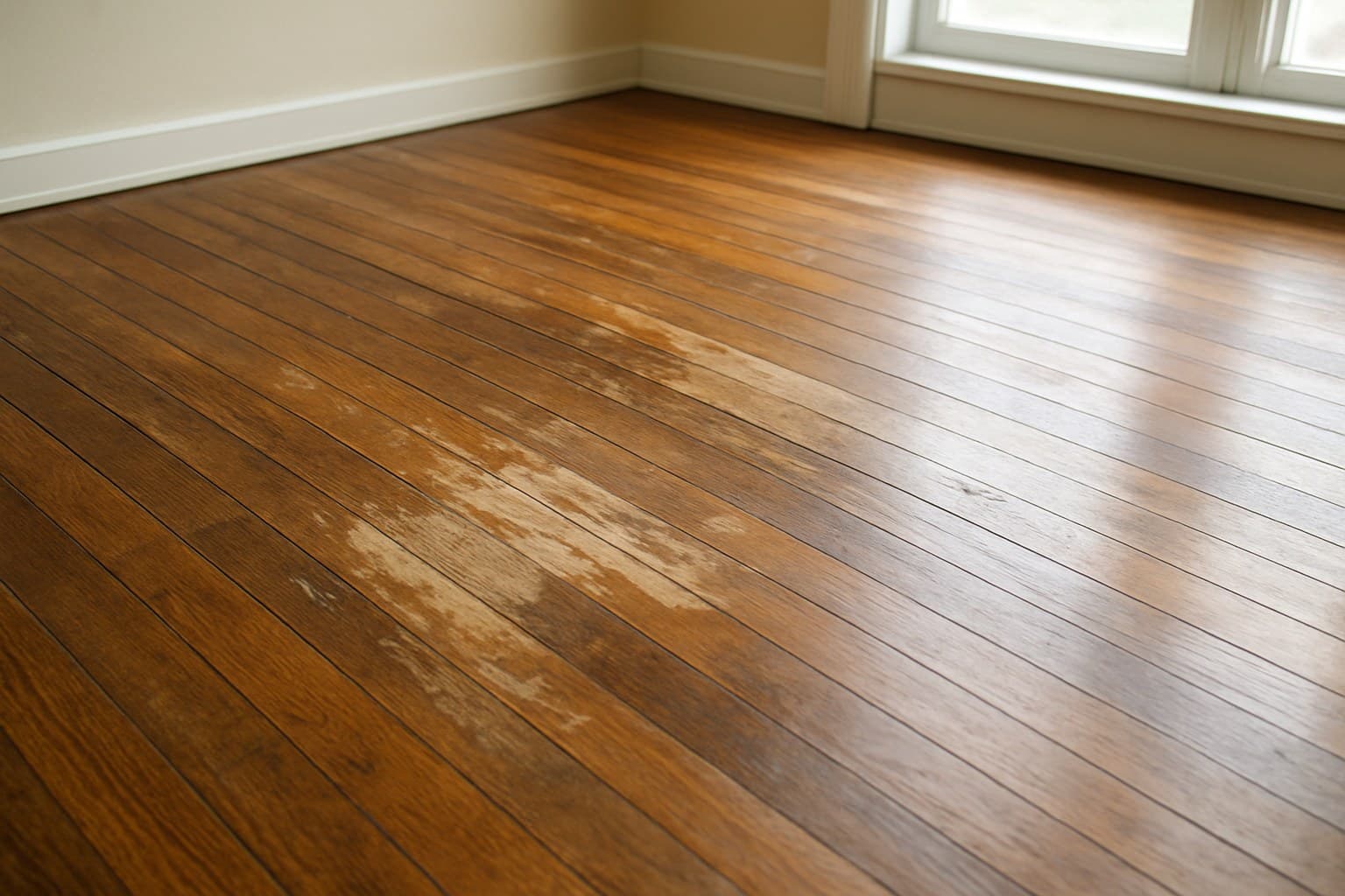 Aged hardwood floor showing signs of previous refinishing work.