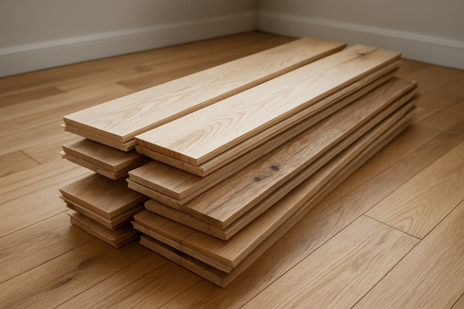 Pile of hardwood flooring boards with visible color and grain differences between pieces