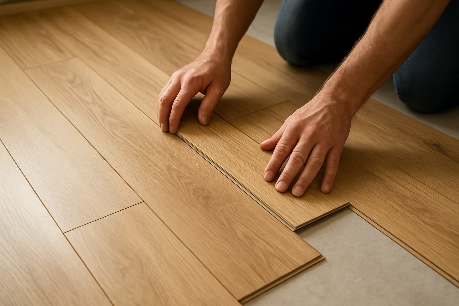 Hands clicking laminate flooring planks together row by row
