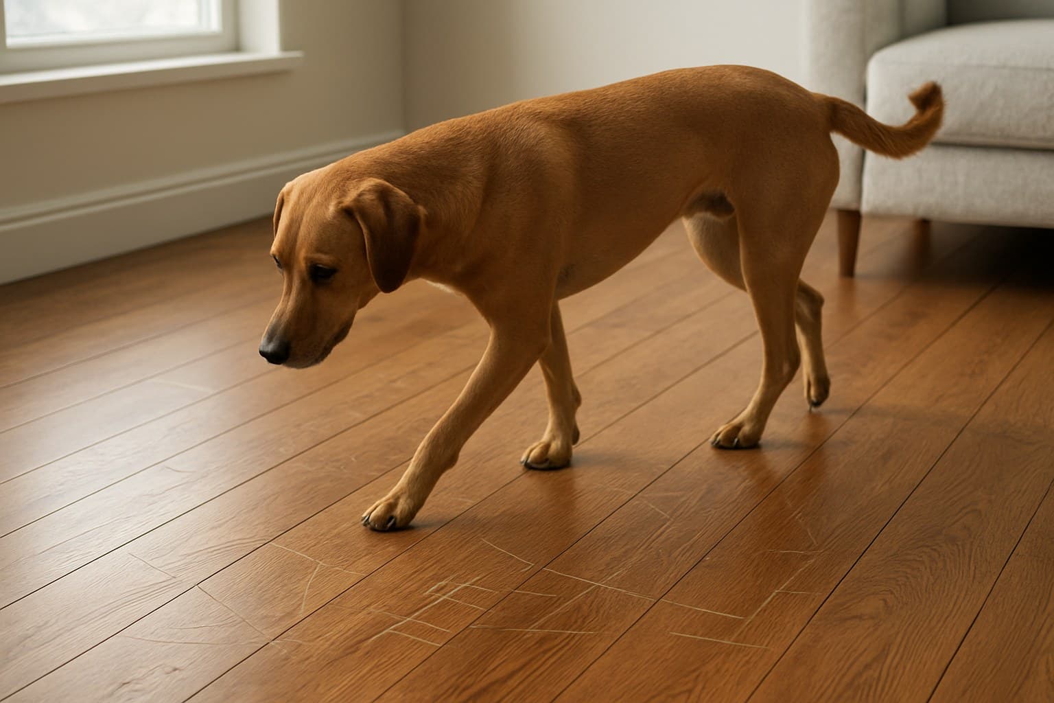 Dog walking across a hardwood floor, a common cause of scratches on wood flooring