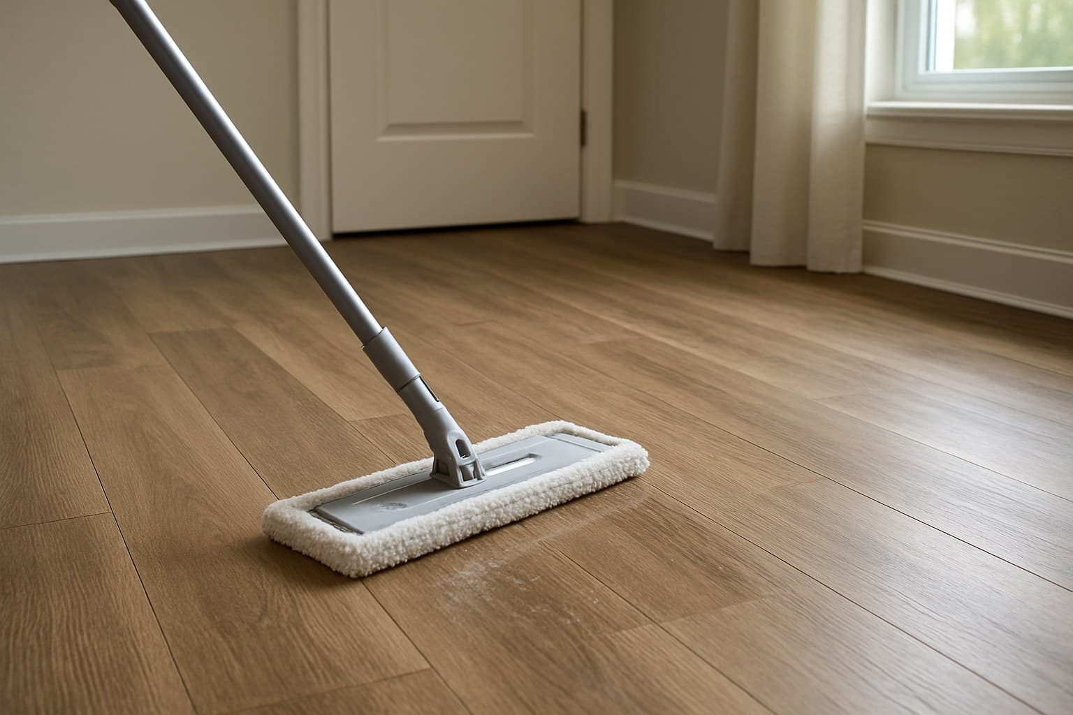 Mop cleaning a vinyl flooring surface in a home