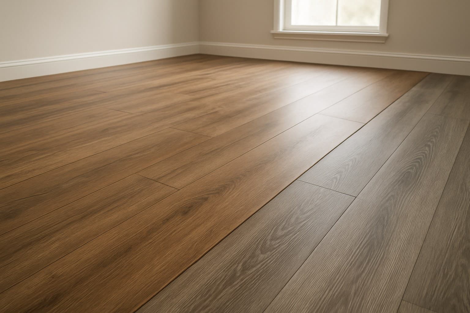 Laminate flooring planks installed in a room, contrasting with vinyl plank