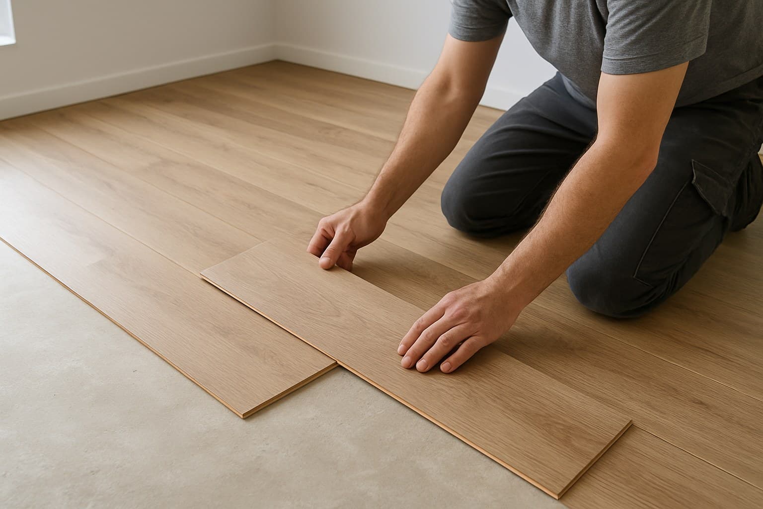 Worker installing flooring planks over a bare subfloor