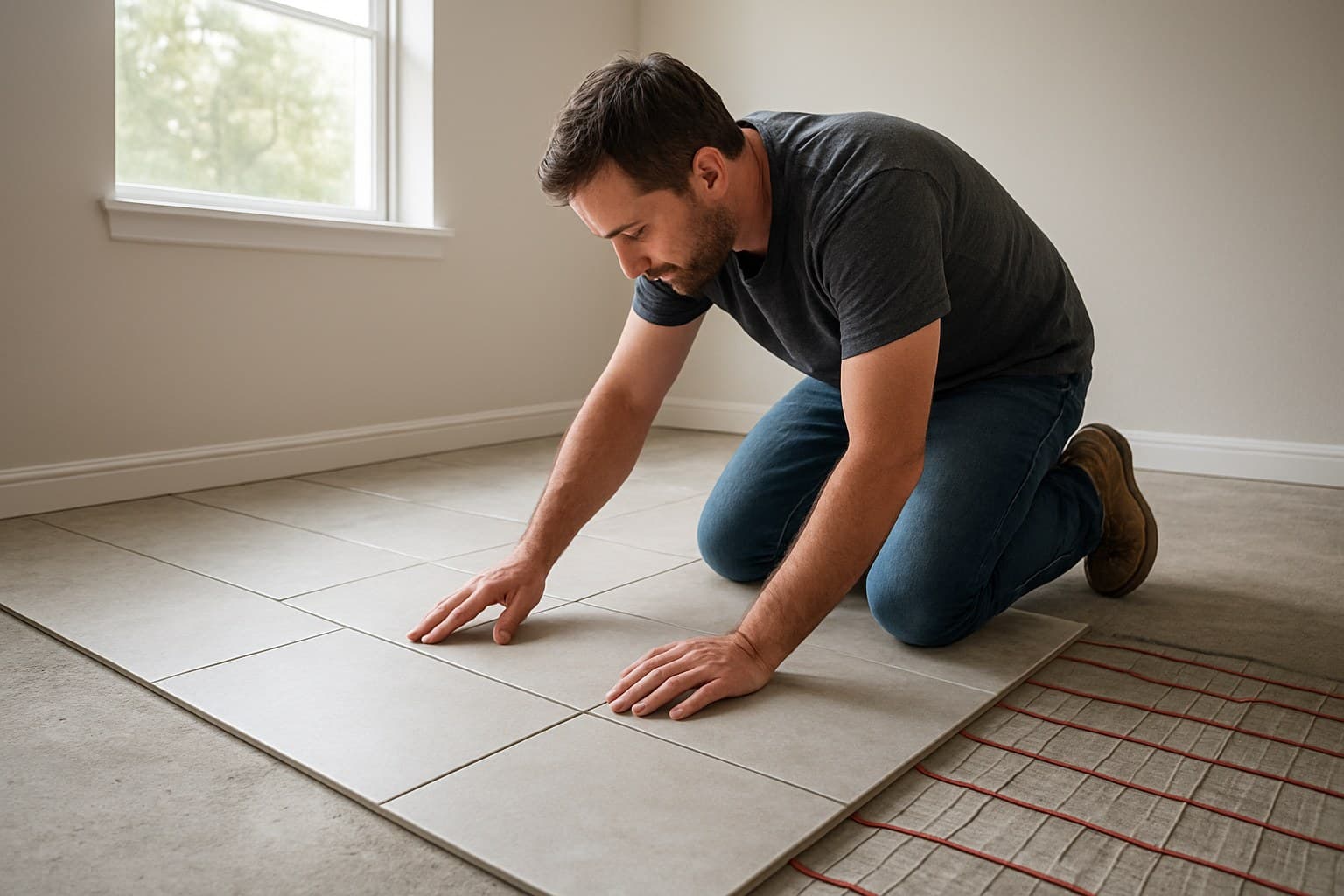 Homeowner kneeling to install flooring tiles by hand in a room
