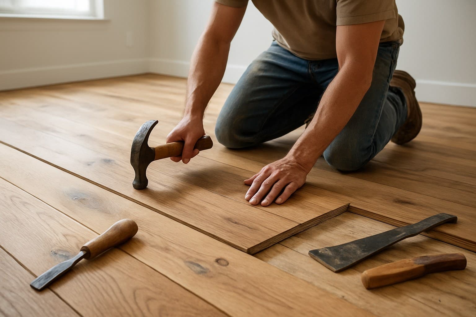 Carpenter installing wide plank wood flooring with hand tools