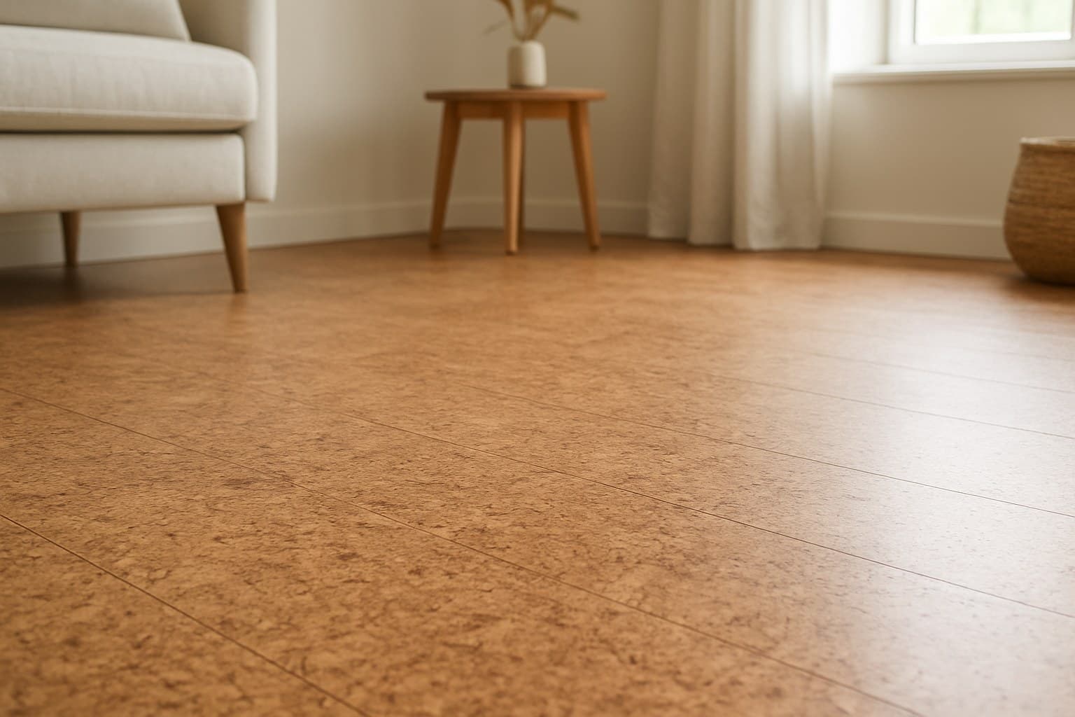 Close-up of a cork floor surface in a furnished room