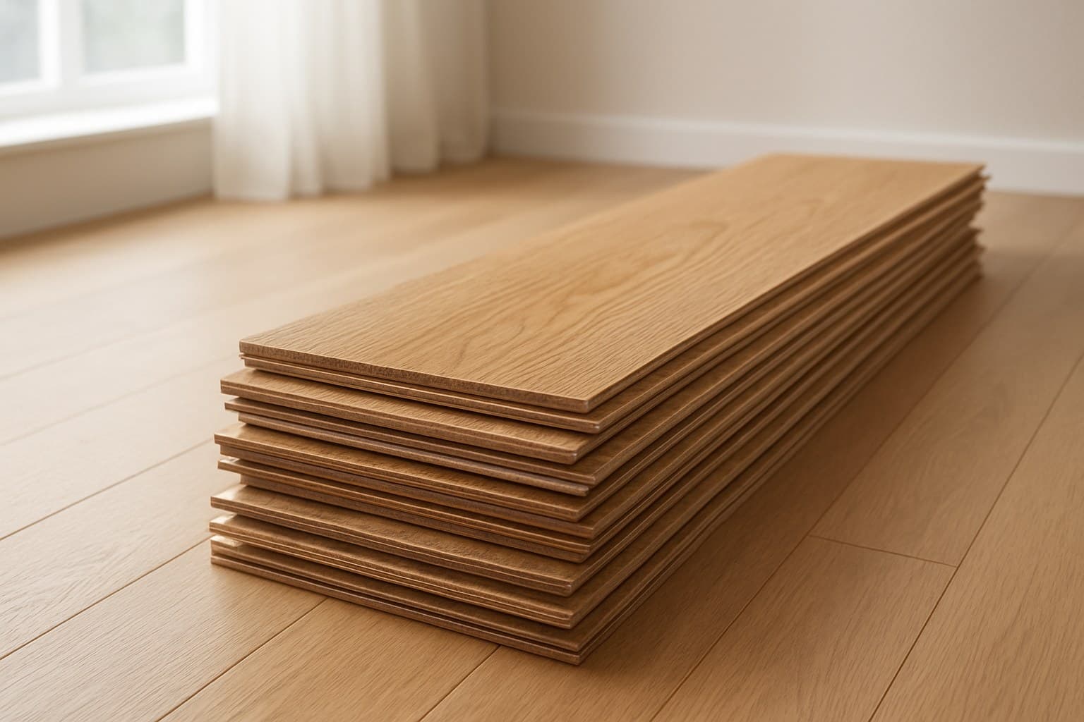 Stack of engineered flooring planks displaying the wood surface layer