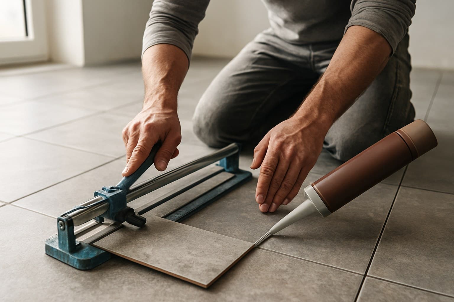 Installer cutting and sealing tile during a flooring installation project