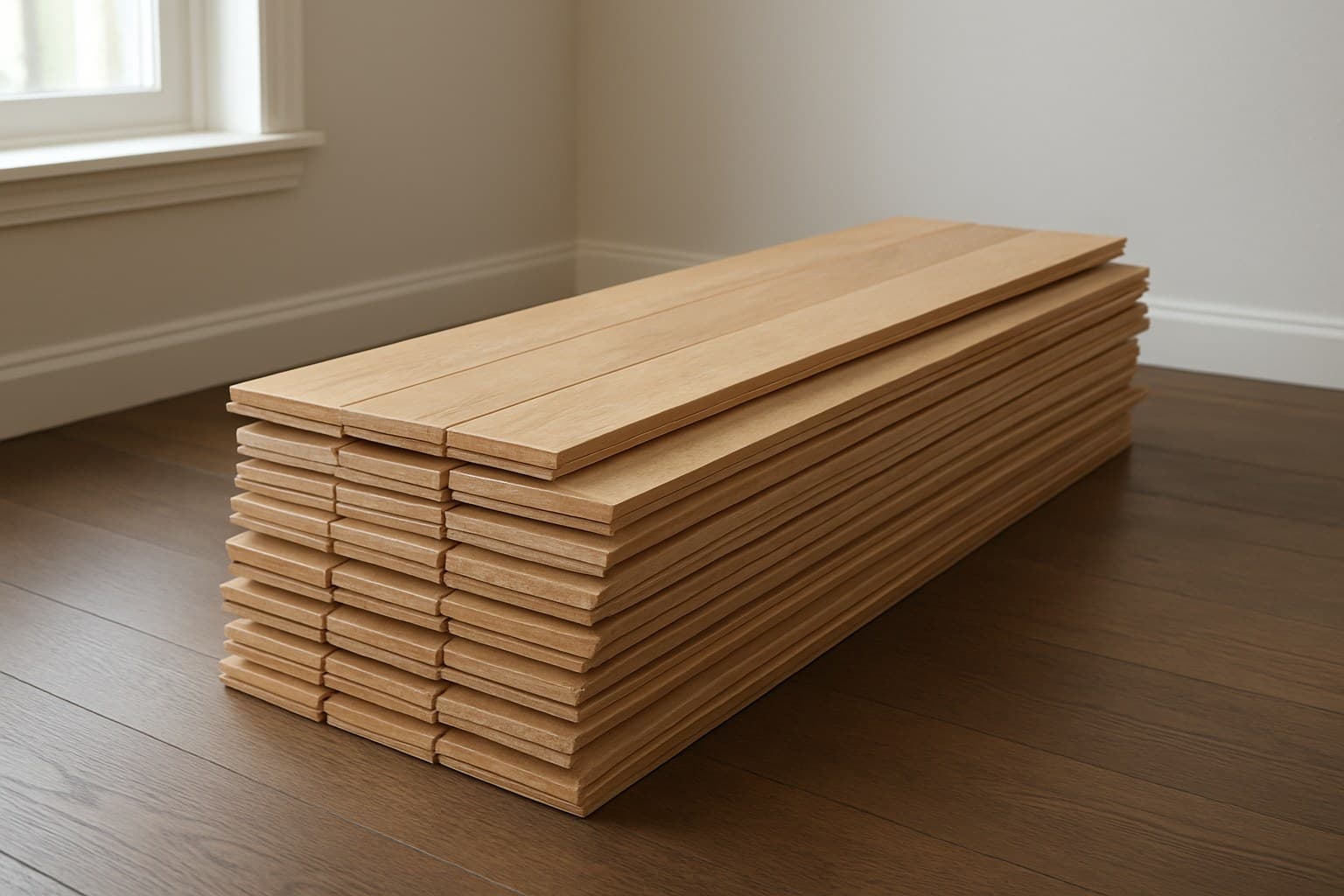 Stack of raw unfinished hardwood flooring boards ready for installation