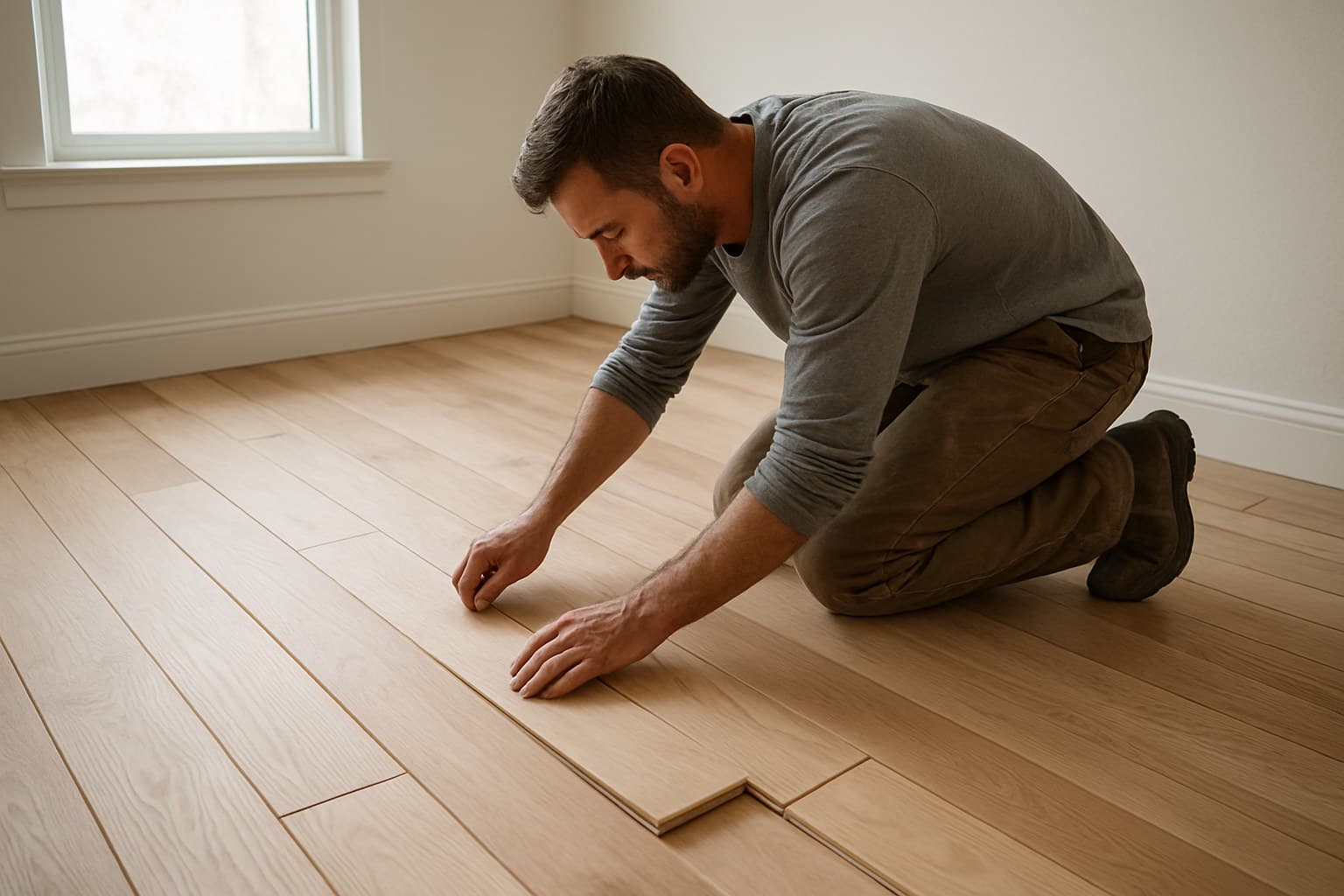 Carpenter kneeling while installing unfinished hardwood flooring boards