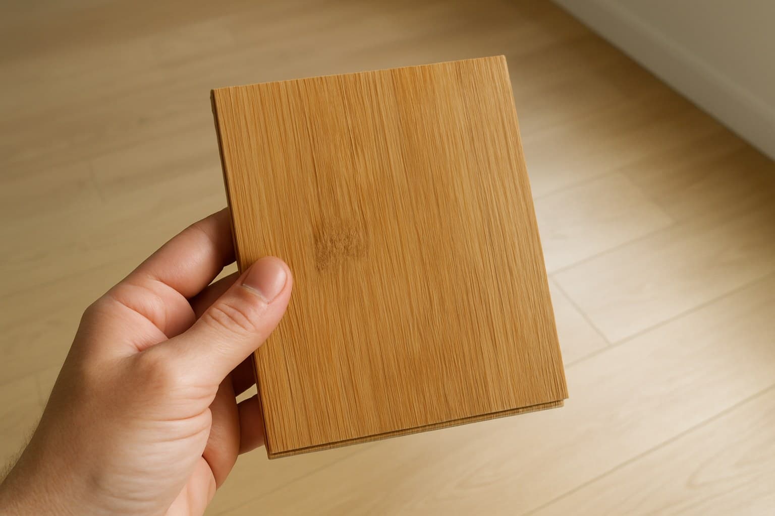 Flooring plank sample held up to show its surface wear layer and finish
