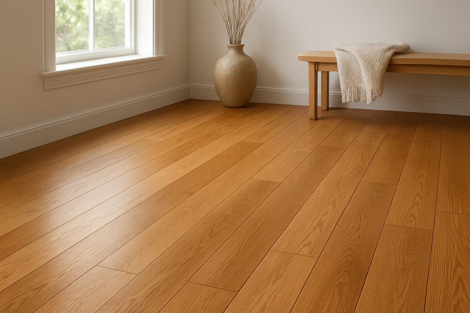 Warm honey oak wood flooring representing the most popular floor color trend