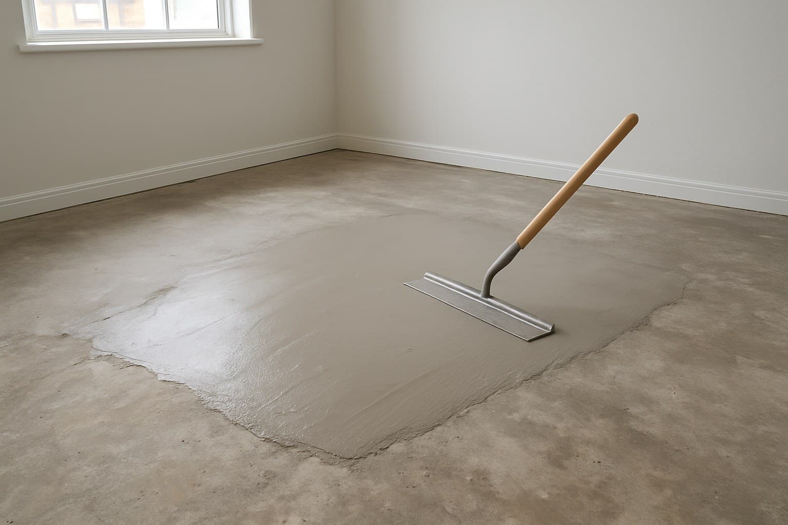Bare concrete subfloor being prepped for flatness before flooring installation