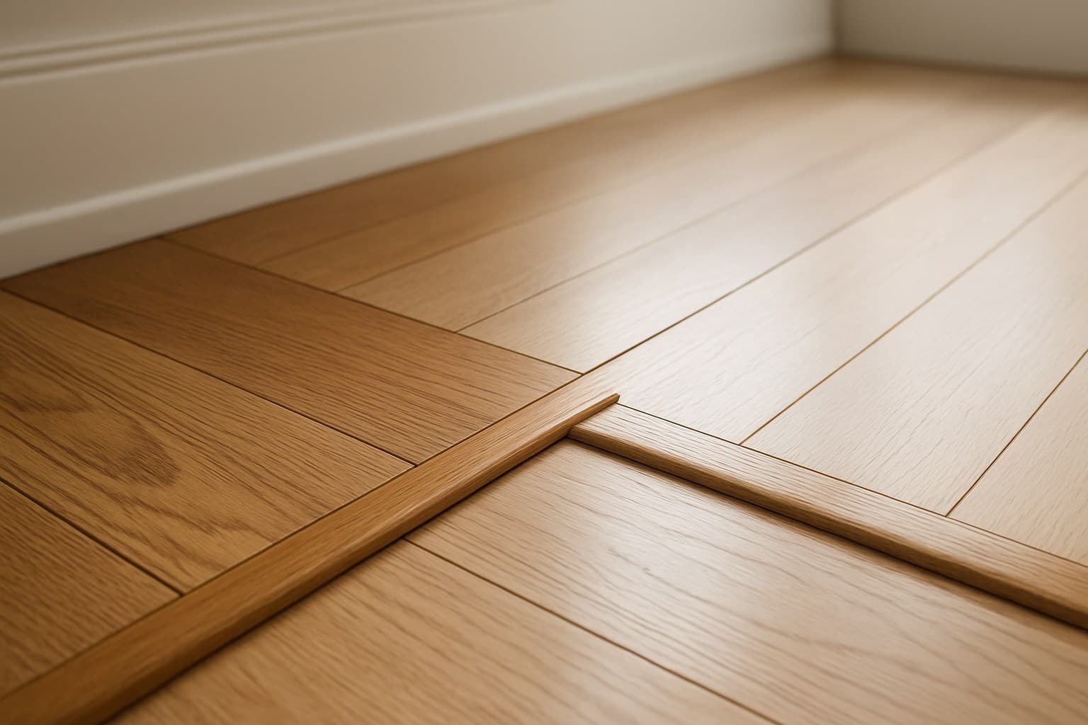T-molding strip installed between two equal-height wood floors