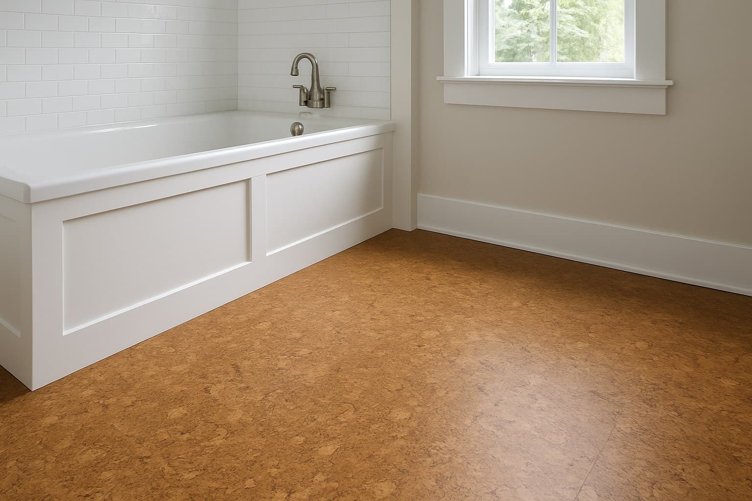Bathroom with glue-down cork flooring installed near a bathtub