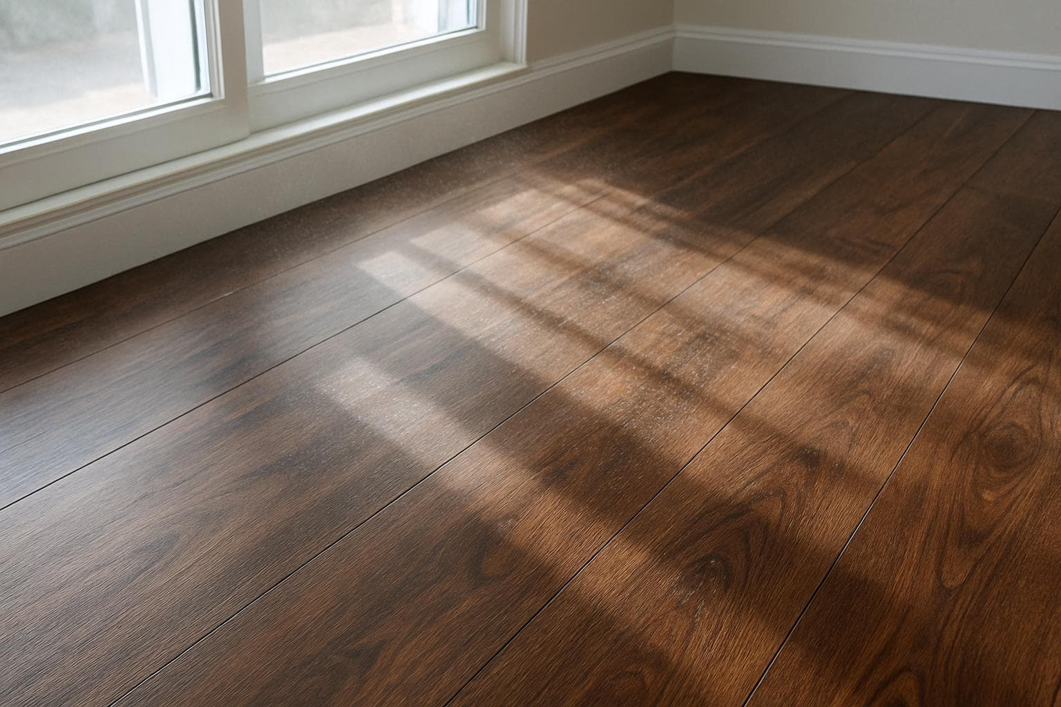 Dust and light streaks visible on a dark walnut floor near a window