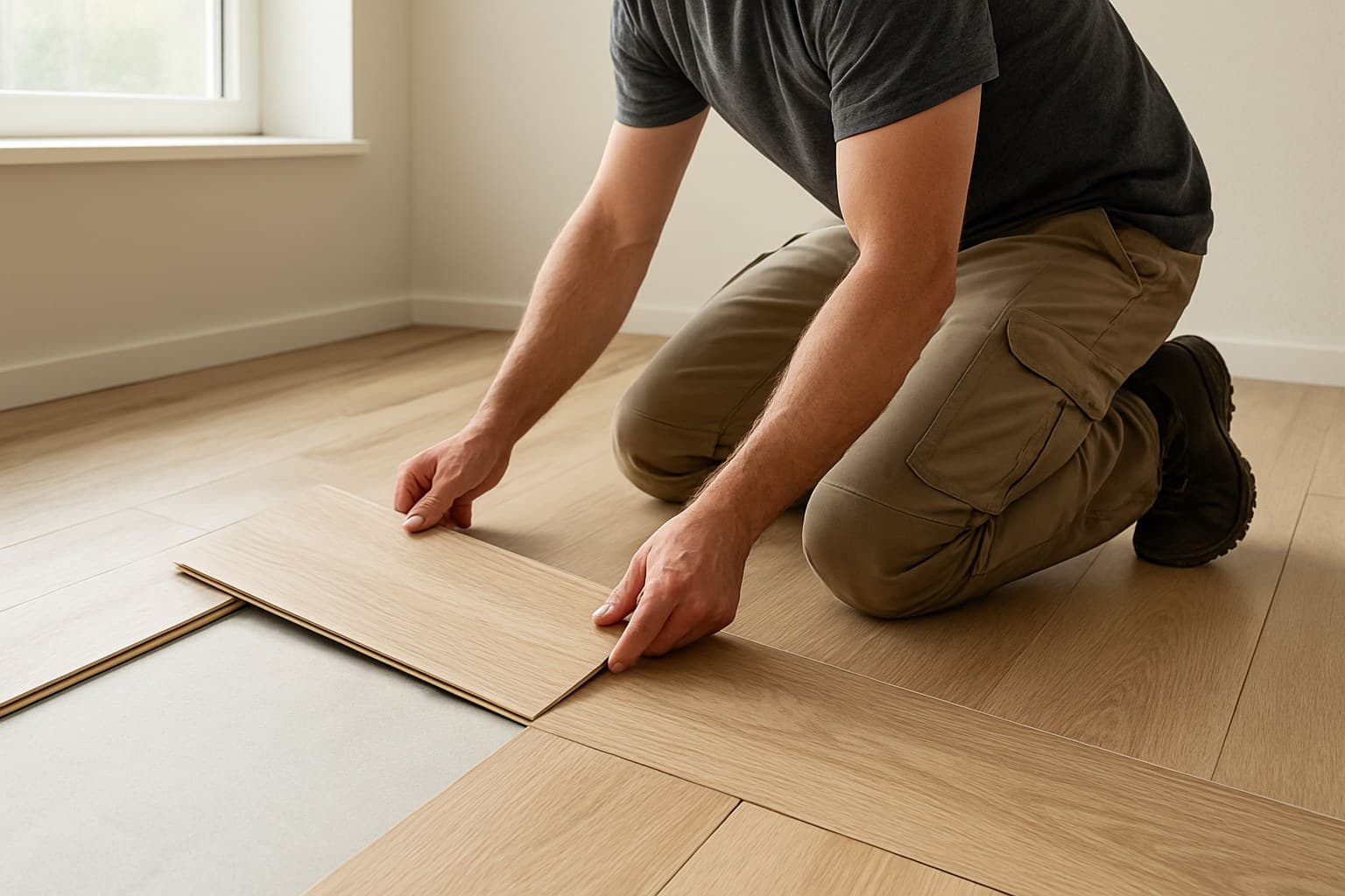 Installer kneeling while fitting laminate flooring boards into place.