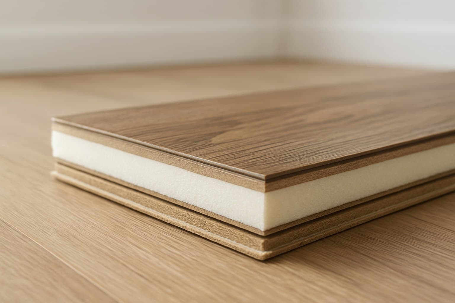 Cross-section of a luxury vinyl plank showing its layered core construction