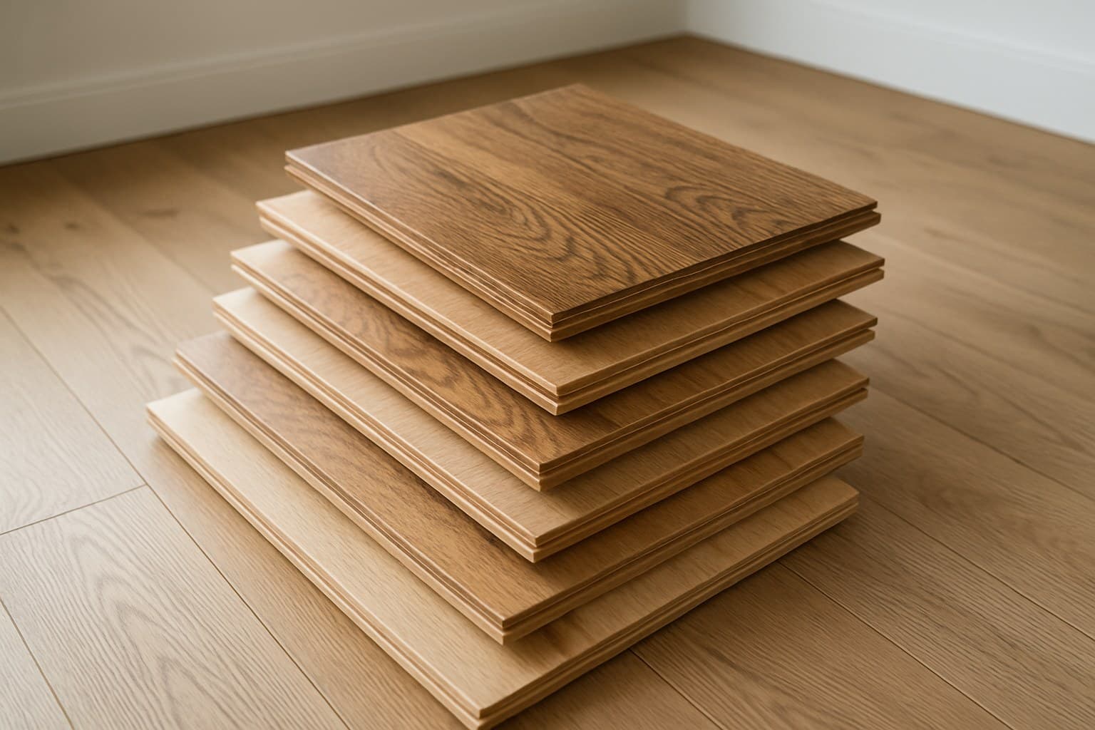 Stack of hardwood flooring samples used to compare wide plank hickory costs.