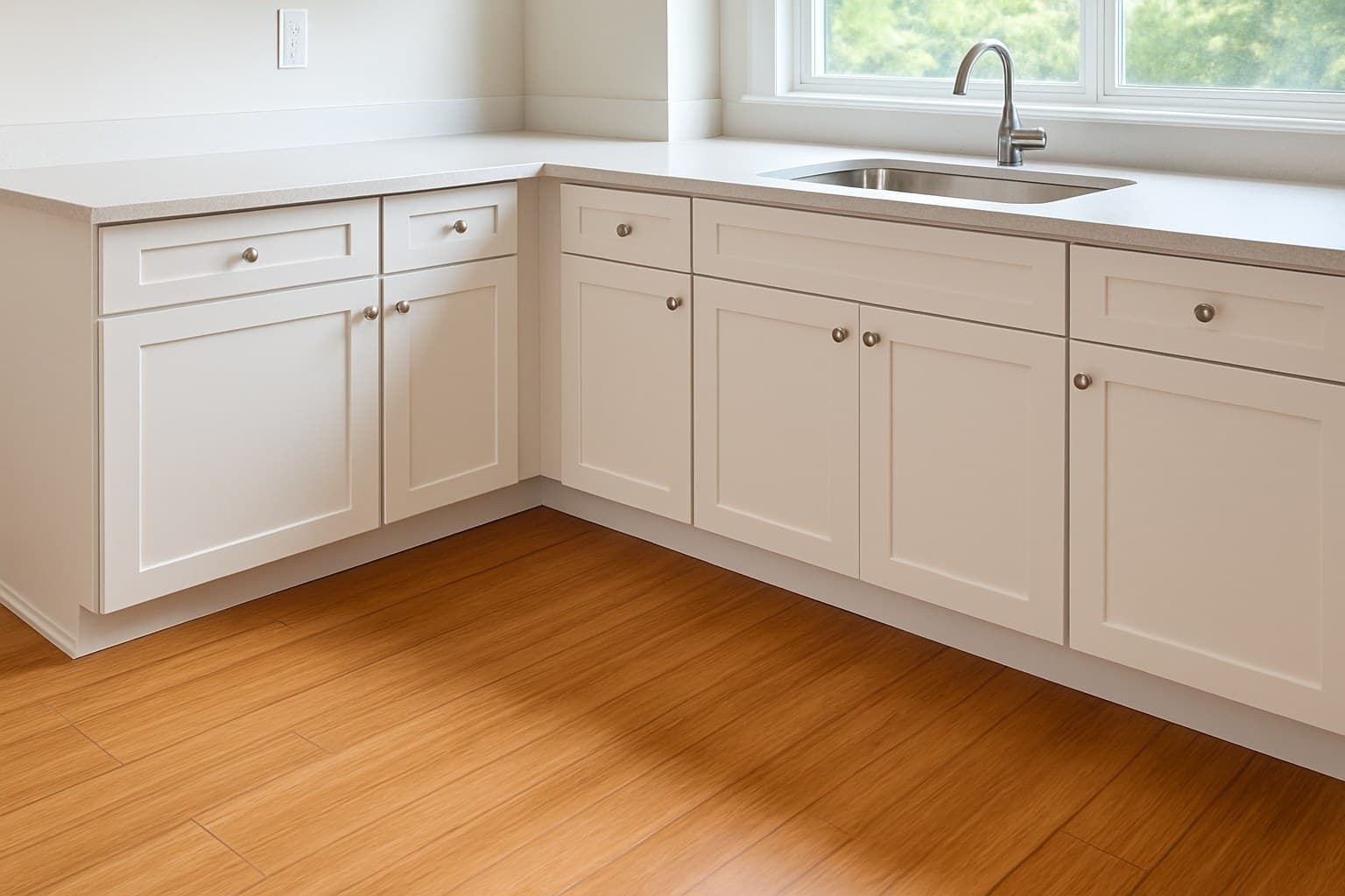 Bamboo flooring installed in a bright kitchen near a sink and cabinets