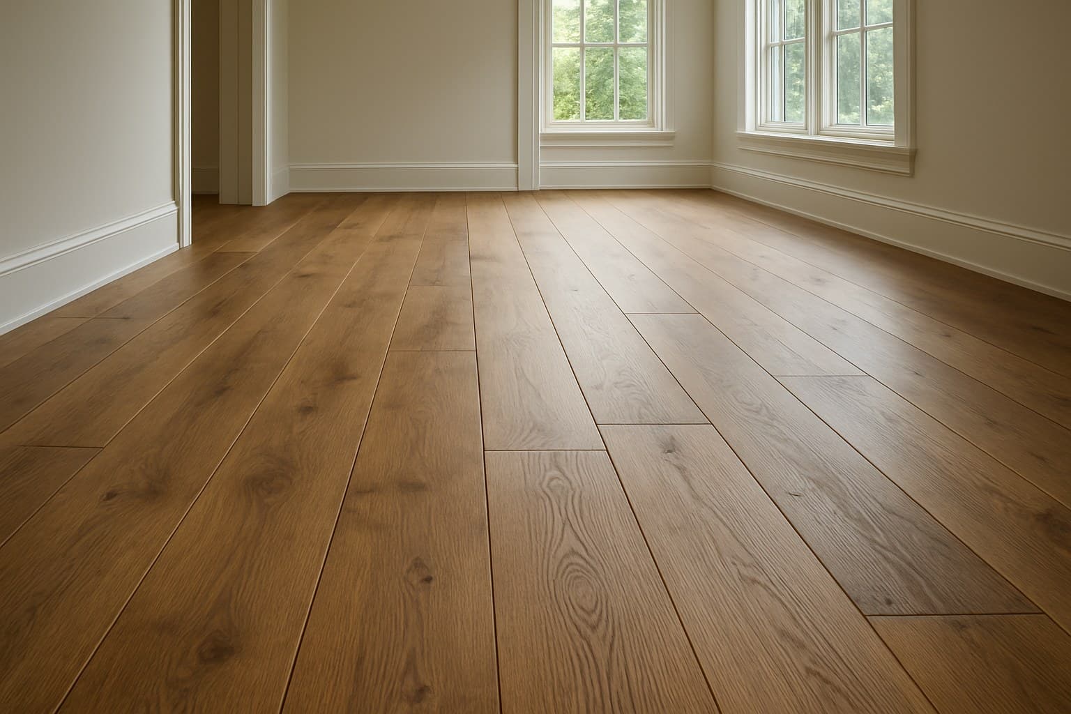 Wide hardwood planks with beveled edges laid out in a room