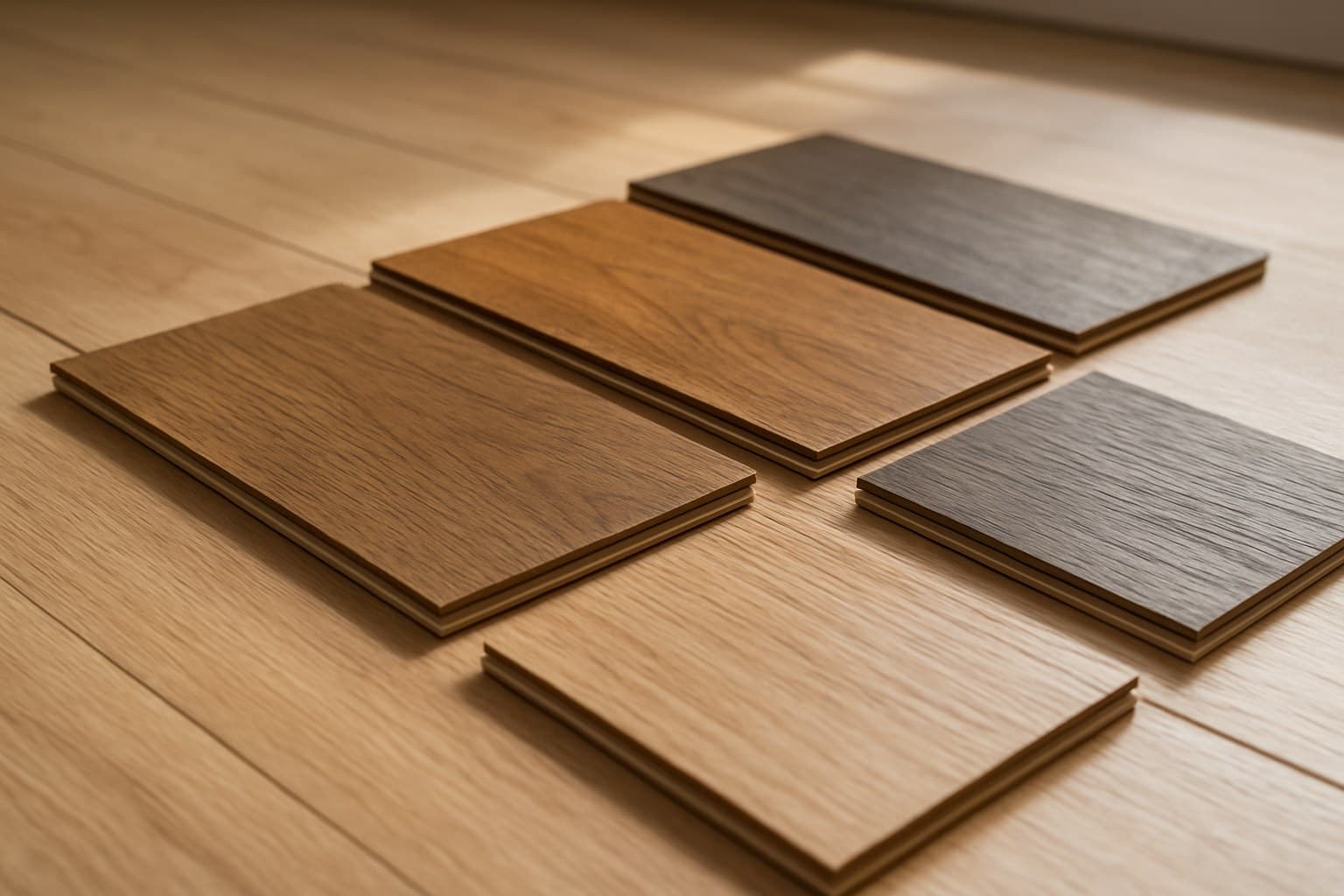 Wood flooring sample swatches laid out for comparing wear layer specifications