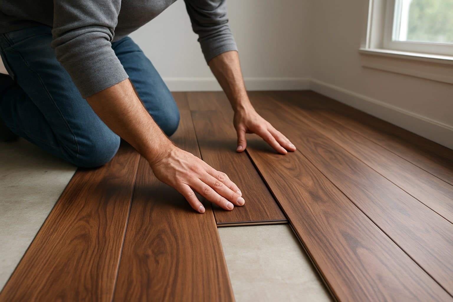 Person installing vinyl plank flooring by hand in a room