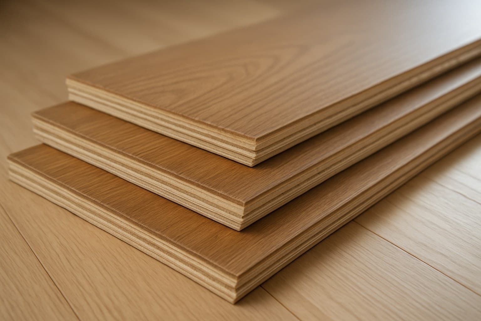Stacked engineered hardwood boards showing edge thickness for comparison