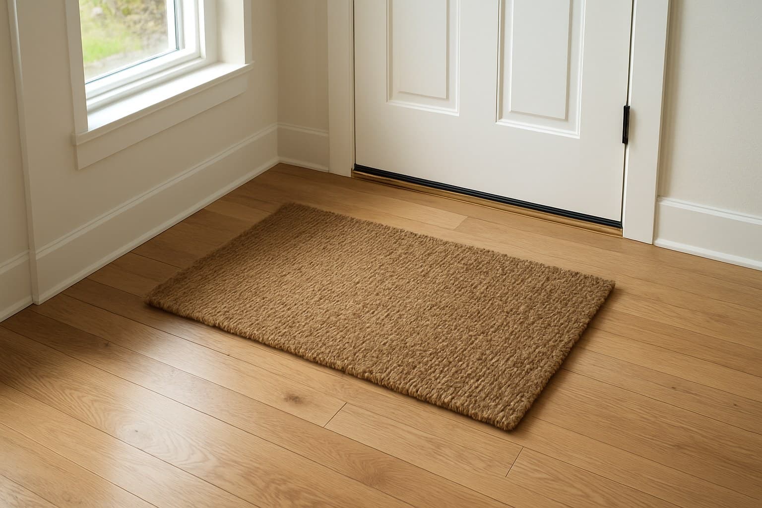 Doormat at a home entryway used to keep grit off hardwood floors