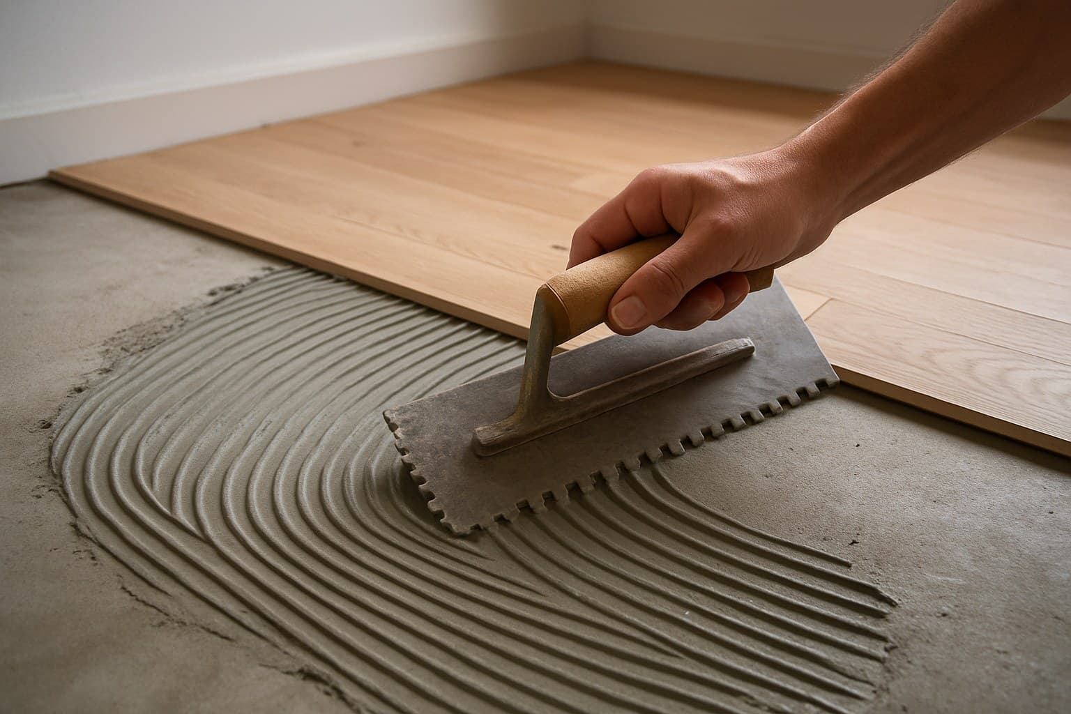 Trowel spreading flooring adhesive, a hidden source of off-gassing under floors