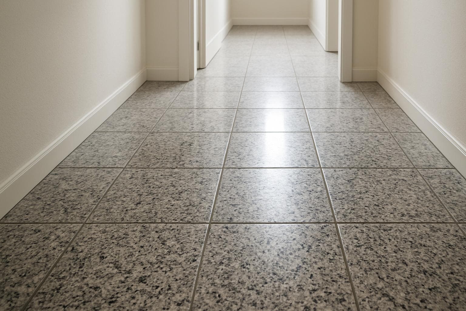 Speckled granite floor tiles in a hallway