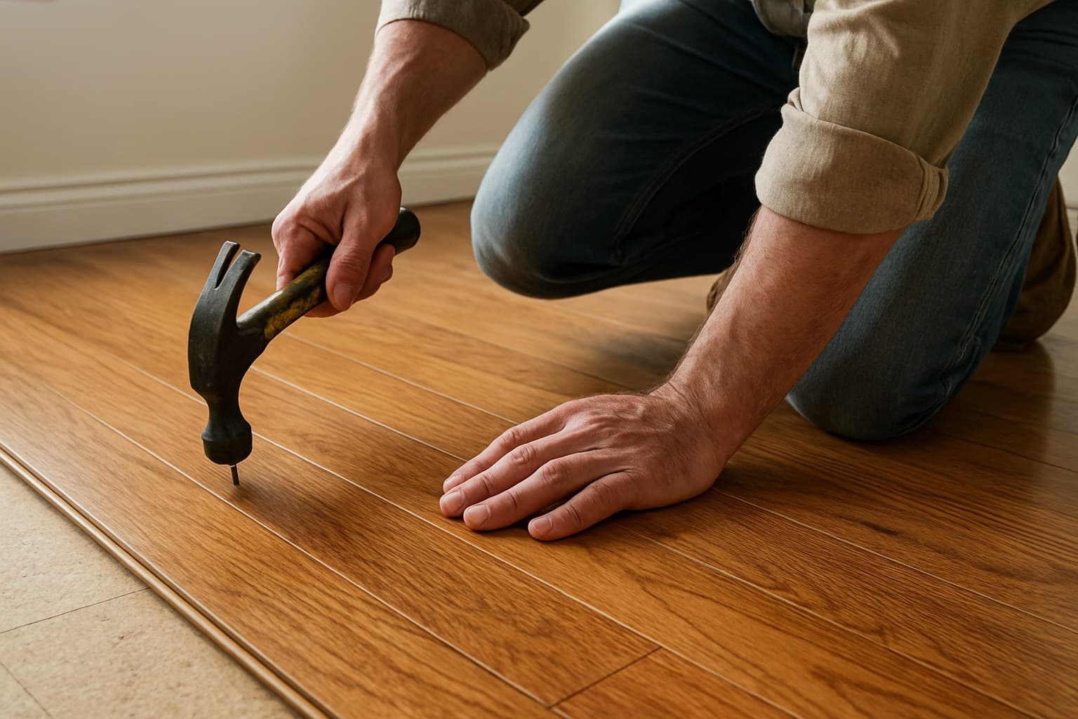 Worker nailing down hardwood flooring boards during installation