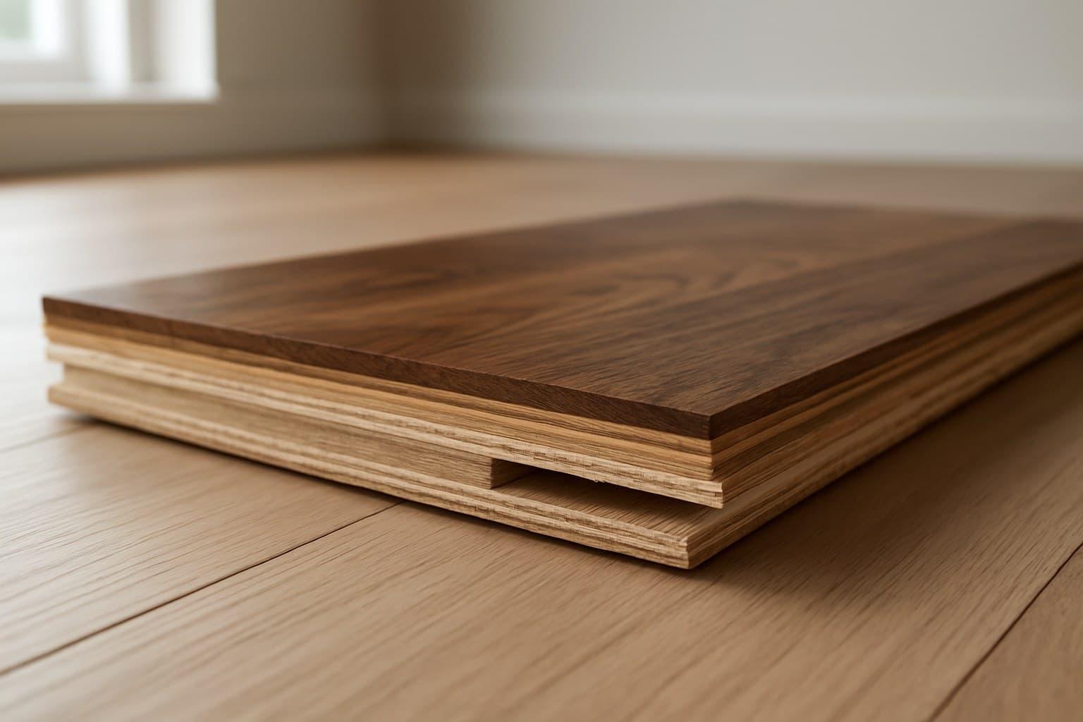 Cross-section of engineered wood flooring showing layered construction