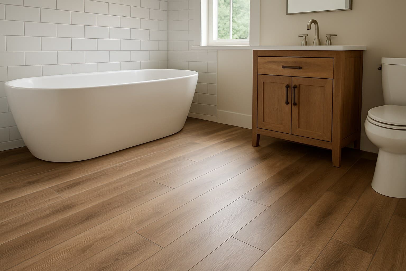 Rigid-core vinyl plank flooring installed in a bathroom
