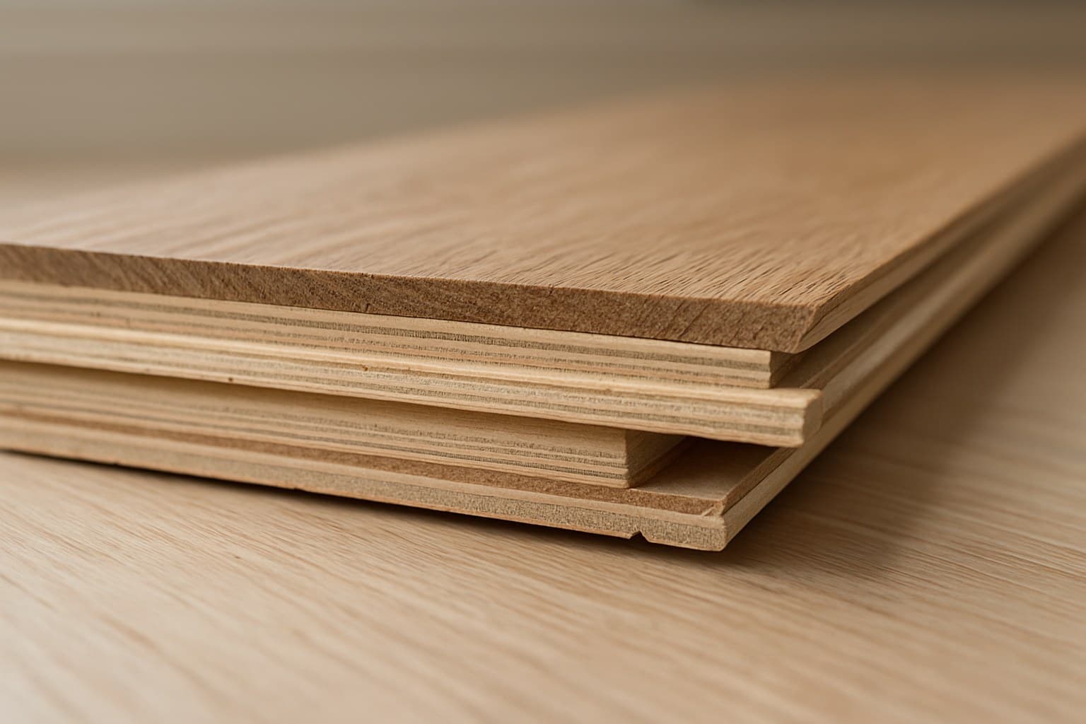 Cross-section of engineered hardwood flooring revealing the wear layer and core.