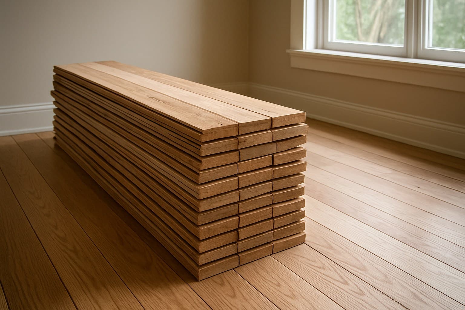 Hardwood flooring planks stacked indoors to acclimate before installation