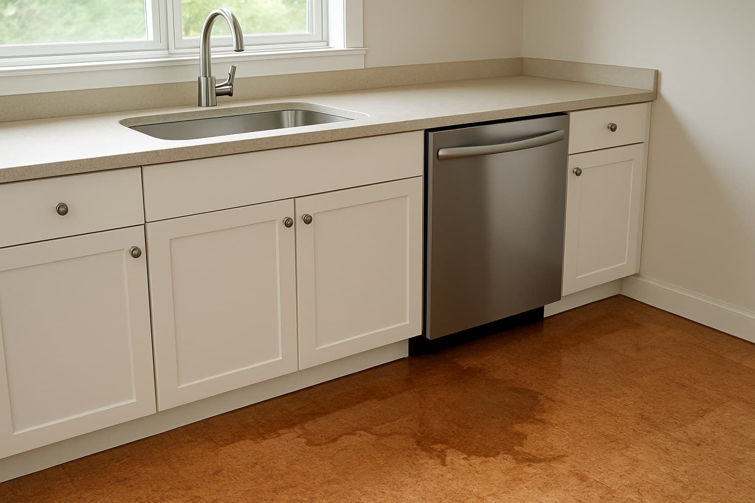 Kitchen sink and dishwasher area where flooring meets water exposure