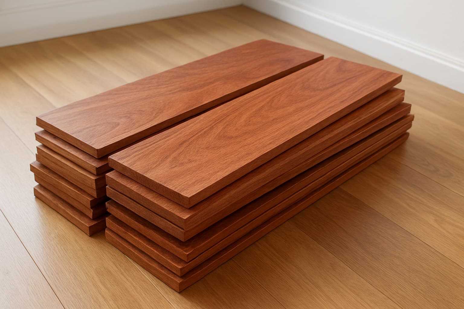 Stack of reddish-brown Brazilian cherry wood planks showing natural grain