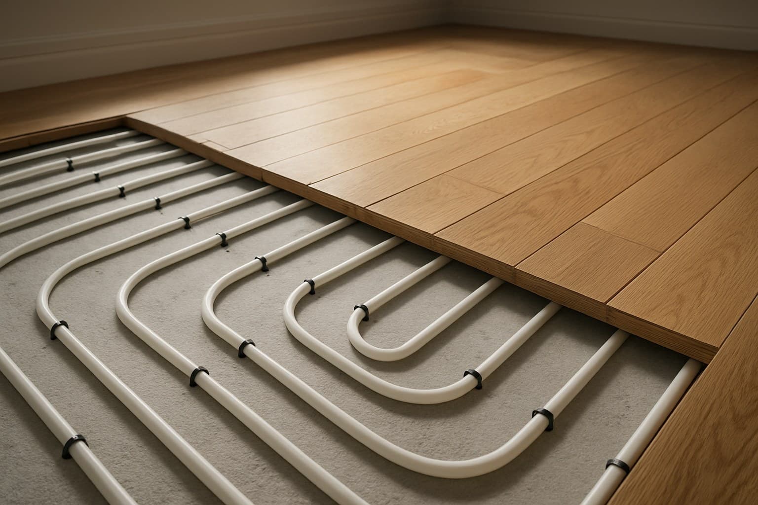 Underfloor radiant heating pipes installed beneath wood flooring