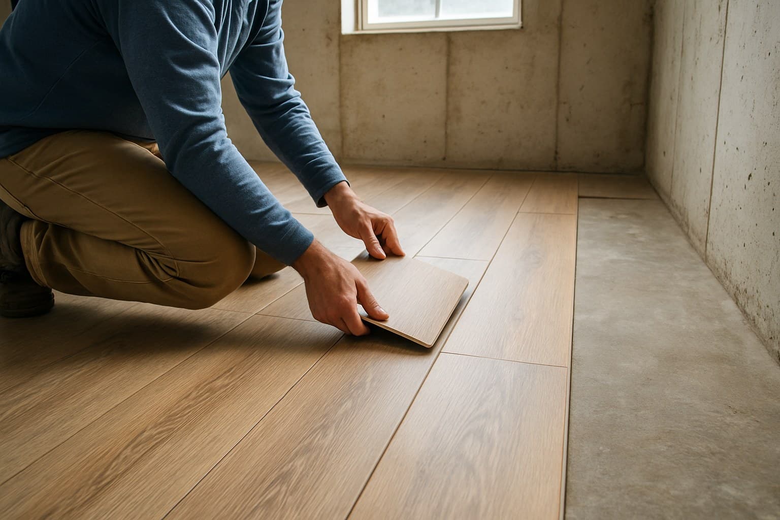 Worker snapping vinyl plank flooring into place during basement installation